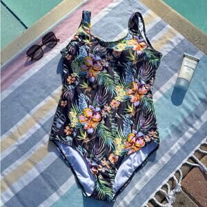 NWOT, Tropical Floral One-Piece Swimsuit, Sz L, Stretchy & Flattering